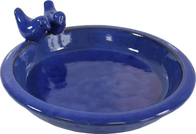 Produktbild von glasierte Vogeltränke für den Garten "Noble" mit 2 Deko-Vögel, 30 cm blau Keramik Vogeltränke rund Vogelbad Garten