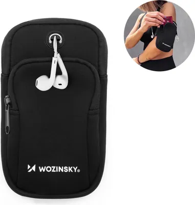 A black sport arm pouch with white earbuds hanging from it, shown in a circular inset image on a person's arm.