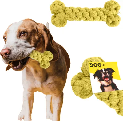 Produktbild von Domarex Robuste Hundespielzeug Knotenknochen – Kaubare und strapazierfähige Seilspielzeug für Hunde, 15 cm - Gelb