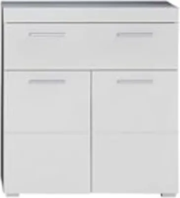 A white cabinet with two drawers on top and two cabinet doors below.