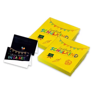 Produktbild von itenga 40x Servietten mit 48x Tischkarten Set - Endlich Schulkind - Gelb Schwarz