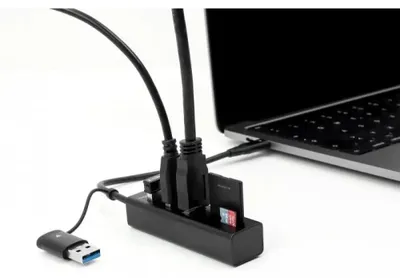 Produktbild von DeLOCK 3 Port USB 3.2 Gen 1 Hub + SD und Micro SD Card Reader mit USB Type-C oder USB Typ-A Anschluss, USB 3.2 Gen 1 (3.1 Gen 1) Type-A + Type-C, MicroSD (TransFlash), SD, USB 3.2 Gen 1 (3.1 Gen 1) Type-A, ChromeOS, 23 mm, 84 mm