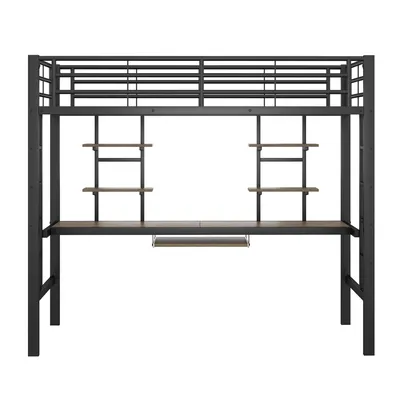 Produktbild von Flieks Hochbett mit Schreibtisch, Bücherregalen &Tastaturablage, Etagenbett 90x200cm mit Rausfallschutz, Metallbett mit Lattenrost & Leiter, Schwarz