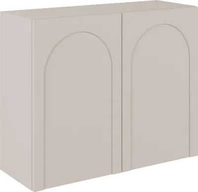 A neutral studio shot of a gray sideboard with two arched doors.