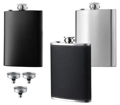 Image de Lot de 3 bouteilles en acier inoxydable pour spiritueux, avec entonnoir pour faciliter le remplissage