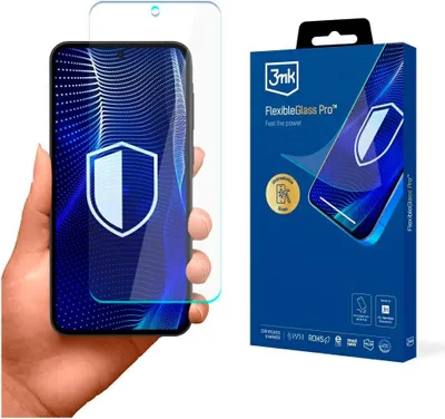 A hand holds a smartphone with a screen protector applied, next to its packaging.
