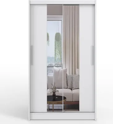 Produktbild von Easy4You C2 Weiß Schiebetüren Kleiderschrank 150x200x58 cm mit Spiegel - Schlafzimmermöbel, Aufbewahrung - Mehrzweckschrank - Farbe: Weiß