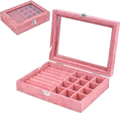 Immagine prodotto di Scatola portagioie in legno Unyqoos® con rivestimento in velluto, coperchio in vetro temperato, 12 scomparti (con divisorio rimovibile) e 7 fessure per anelli, dimensioni 20,5 x 15 x 5 cm, chiusura in acciaio inossidabile