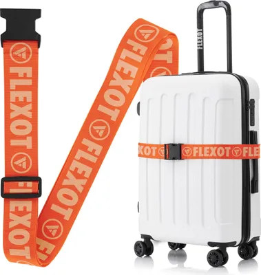 A white suitcase with an orange luggage strap around it, shown next to a separate orange luggage strap.