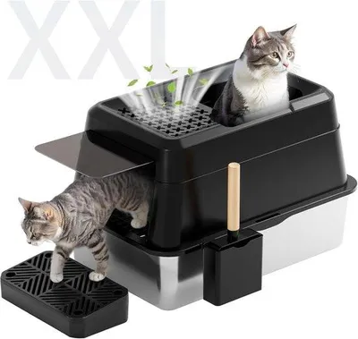 Produktbild von Unyqoos® Katzentoilette XXL, hochwandig aus Edelstahl 60×40×40 cm – 26 L, mit Deckel, Pedal, Schaufel, Sichtvorhang & oberer Einstieg