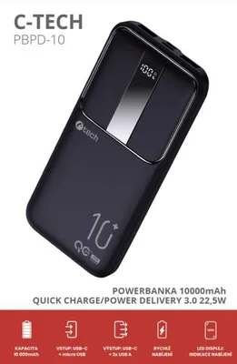 Zdjęcie produktu dla C-TECH BATCT1341, 10000 mAh, Litowo-polimerowy (LiPo), Czarny