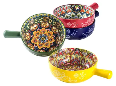 Suppenschüsseln mit Henkel, 4er Set, 750 ml, Keramik, bunt, Bohemian
