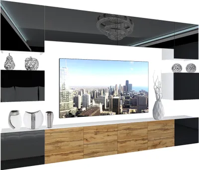 Produktbild von BELINI Wohnwand Vollausstattung Wohnzimmer-Set Moderne Schrankwand mit LED-Beleuchtung Weiß Glänzend Anbauwand TV-Schrank Schwarz / Wotan Eiche Glänzend/Matt