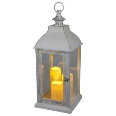 Image de XXL Lanterne Vintage | Photophore blanc avec 3 bougies LED effet scintillant | Lanterne bougeoir 60cm | grande lanterne décorative avec minuterie | pour l'intérieur