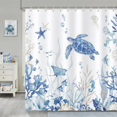 Obrázok produktu pre Uniqoos® Kúpeľňová záclona s námornou tematikou, 180 × 180 cm – 100% polyester, vodeodolná a proti plesniam, modrá akvarelová potlač s želvami, rybami a koralmi, vrátane 12 háčikov