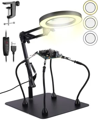 Produktbild von Unyqoos® Magnetische Lötstütze mit 8‑fach Lupe (10,5 cm), 72 LEDs, 10 Helligkeitsstufen & 3 Farbtemperaturen, 50 cm flexibler Arm, Metallfuß, USB, Magnet- und Krokodilklemmen
