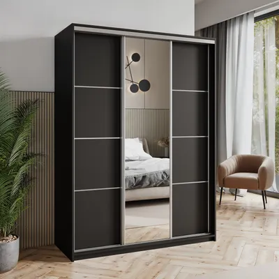 Produktbild von Masseno Schiebetürenschrank VARO 150/205/60 cm Kleiderschrank mit Schubladen Schlafzimmer Schrank 3-türig mit Spiegel Schwarz + Satin