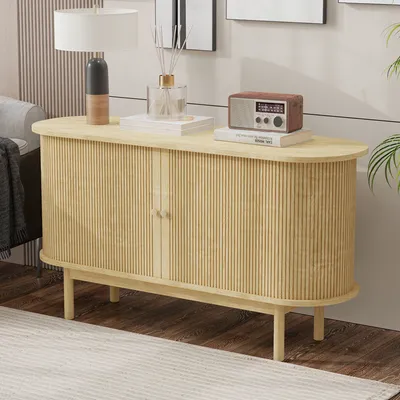 Produktbild von MODFU Sideboard Beistellschrank，Kommode，Aufbewahrungsschrank，Niedriger Schrank mit Schiebetüren und Kiefernholzbeinen, mit verstellbaren Einlegeböden，Helle Eiche