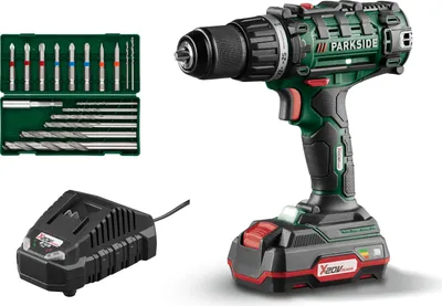 A cordless drill set with accessories and a charger, presented on a white background.