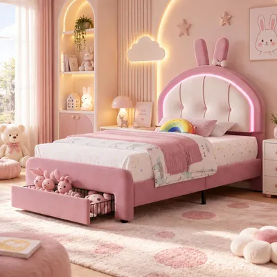 Image de Lit pour enfant INONEFT, 90x200 cm, avec tête de lit rembourrée en forme de lapin, éclairage LED et tiroir. Lit simple avec repose-tête réglable en hauteur, en velours rose