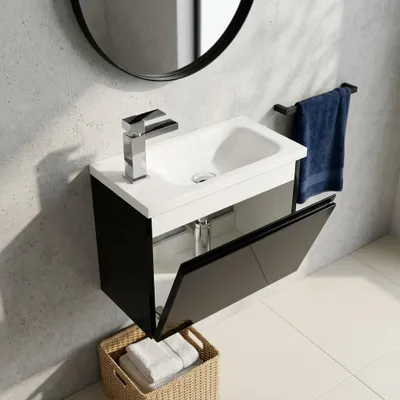 Produktbild von Quentis Gäste-WC Badmöbel FAROS 50, schwarz glänzend, Waschbeckenunterschrank mit Klapptüre, montiert.