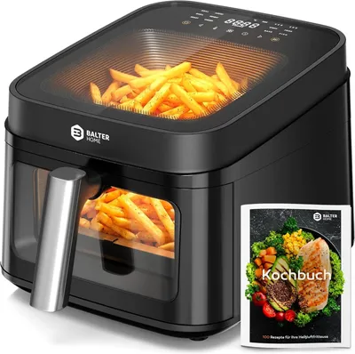 Produktbild von Balter Heißluftfritteuse XXL 6,5L mit Sichtfenster, 1700W, Airfryer, ohne Öl, 12 Programme, Touch-Bedienung, 100 Rezepte, Edelstahl, Schwarz