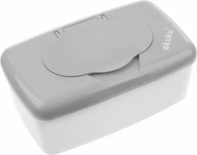 A close-up studio shot of a gray and white wet wipe box.
