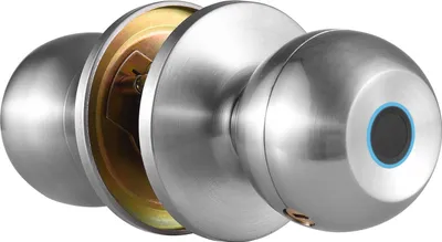 A close-up, studio shot of a smart door lock with a fingerprint scanner.