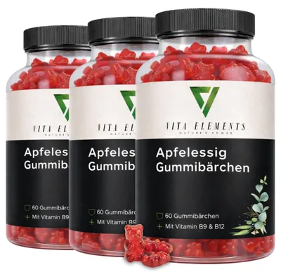 Produktbild von Vita Elements Apfelessig Gummibärchen 3er Set 60 Stk Vitamin B12 Folsäure Nahrungsergänzungsmittel