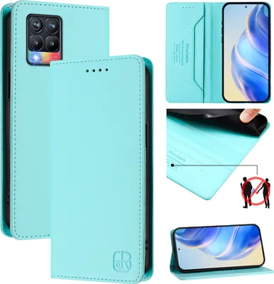 Produktbild von Lederhülle für Realme 8 Pro/Realme 8 4G Hülle Flip Brieftasche Kartenfächern Ständer Schutzhülle Türkis