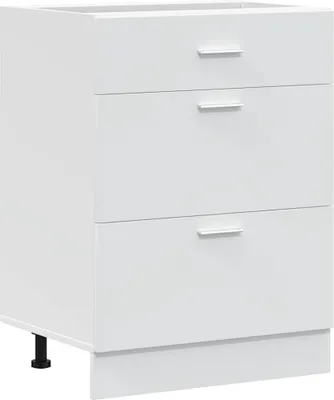 A white kitchen base cabinet with three drawers is shown against a white background.