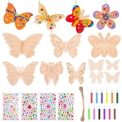 Image de 43 pièces, kit de loisirs créatifs pour enfants, thème papillons et fleurs, idéal pour les fêtes d'enfants, fabriqué en bois
