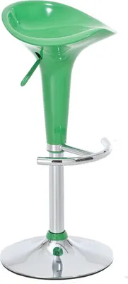 A green and silver adjustable bar stool with a saddle seat.
