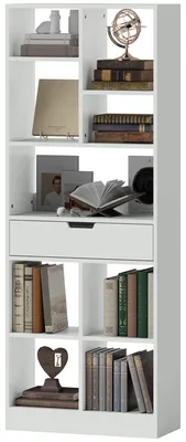 Image de Étagère de rangement avec 9 compartiments et un tiroir | Couleur : Blanc | Dimensions : 26 x 60 x 158 cm
