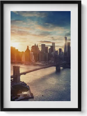 Produktbild von New York Manhattan und Sonnenuntergang– Wandbild mit Rahmen – Gerahmtes Bild  – Wanddekoration – 50x70 cm –  Schwarz Rahmen