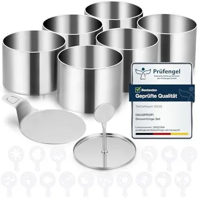 Produktbild von Dessertringe Set 6er(Ø7.5cm) mit Deckel & Basis 16 Schablonen, Edelstahl Servierringe Speiseringe Anrichteringe, Nahtlose Mousse Form, Tortenring klein für Backen Dessert Mousse & Anrichten