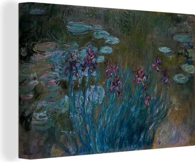 Obrázok produktu pre OneMillionCanvasses® - Obrazy na plátne - 140x90 cm, Kosatce a lekná - maľba od Claude Monet, nástenná umelecká dekorácia - fotografia na plátne - obraz na plátne