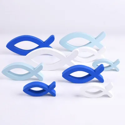 Productafbeelding van Set van 9 houten decoratieve vissen in blauw en wit