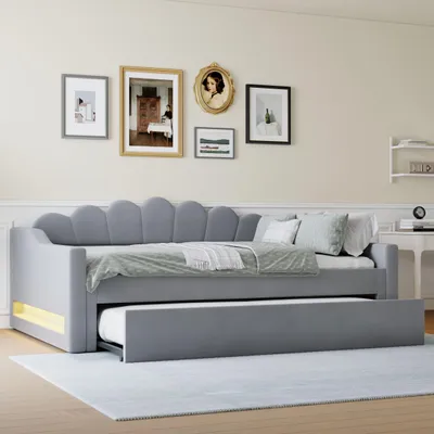Image de Merax Lit de jour Canapé-lit 140x200 avec lit gigogne 190x90cm, LED, Dossier en forme de coque, Lit d'enfant, Lit rembourré, Lit de jour en velours, Gris