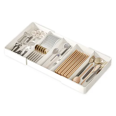 Produktbild von Schubladen Besteckeinsatz ausziehbar, Weiß, verstellbarer Organizer für Besteck, 1-teilig, 25–45 cm, platzsparend und praktisch