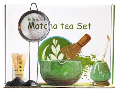 Matcha-Set 7-teilig, Keramikschale mit Ausgießer, Bambus Chasen, grün