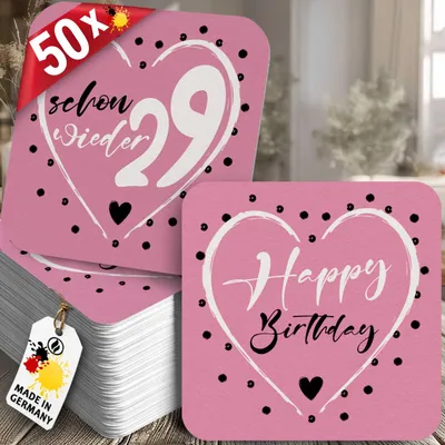Produktbild von 50 Bierdeckel Geburtstag, Schon wieder 29 Herzmotiv, Pink, Schon wieder 29 Pink
