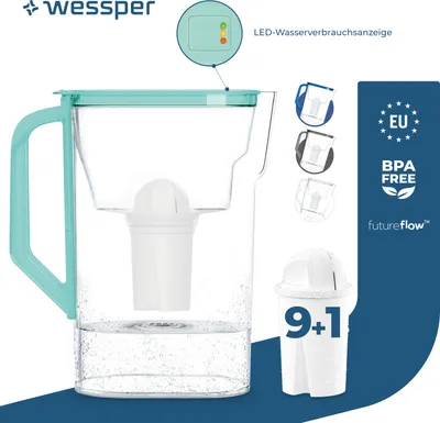 Obrázok produktu pre Wessper filtračná kanvica na vodu 2,7 l Kompatibilná s dverami chladničky Brita Classic s manuálnym indikátorom opotrebovania filtra, 10 vodných filtrov AQUACLASSIC - Mint