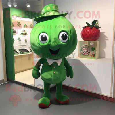 Produktbild von Grüner REDBROKOLY Erdbeer Maskottchen Kostüm charakter bekleidet mit einem Henley-Hemd und Schuhclips