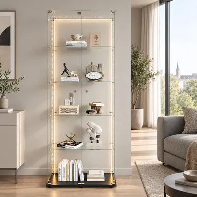 Produktbild von INONEFT Glasvitrine mit LED, Vitrinenschrank Doppeltür 5 Etagen, Hartglas, Verstellbare Einlegeböden, für Wohnzimme, 36×80×183 cm, Schwarz, KI-generiertes Bild