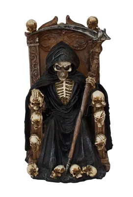 Produktbild von Gothic Deko Figur auf Thron LED Totenkopf Sensemann Skelett Reaper Steampunk