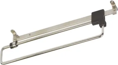 A stainless steel pull-out clothes rail with a black plastic bracket, mounted on a white background.