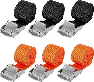 Image de Sangle de sécurité 1 m x 25 cm - 6 sangles - Fixation par pince - Noir et orange - Pour porte-motos et porte-vélos - Valises et bagages - Camping - Jusqu'à 250 kg - Sangles avec cliquet