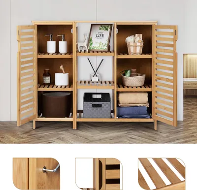 Produktbild von WAOHO badezimmerschränke aus Bambus,Badezimmer Regal,Sideboard Wohnzimmer,Sideboard, Bad Regal stehend,Küchenschrank, Badezimmer Schrank,Bad Regal stehend (99.5cm X 33cm X 87cm)