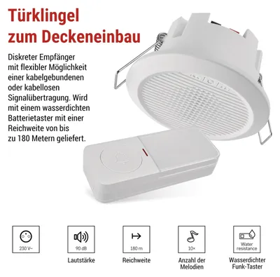 Zdjęcie produktu dla Przewodowy/bezprzewodowy dzwonek do drzwi EMOS do montażu sufitowego, z przyciskiem na baterie, 10 melodii, 4 głośności, maks. 90 dB, połączenie dwuprzyciskowe, P57103